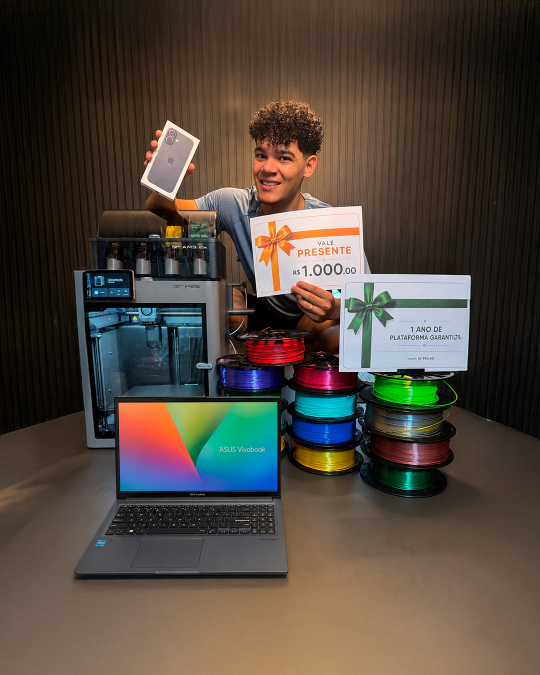  Impressora 3D Bambu Lab P2S COMBO + Iphone 17 256gb + Notebook + 50kg de fil...